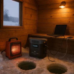 EcoFlow power station for ice fishing and winter use. In the shanty for Outdoor Tech Lab testing