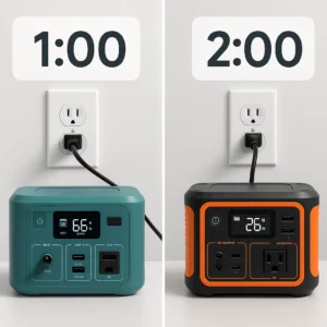 EcoFlow RIVER 2 vs Jackery Explorer 300 AC charging speed comparison showing 1-hour vs 2-hour charge times