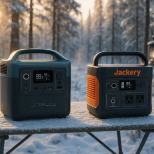 EcoFlow RIVER 2 vs Jackery Explorer 300 portable power stations side by side during winter camping field test
