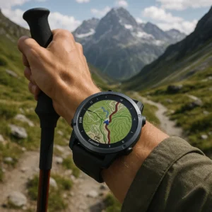 Hiker wearing Garmin Fenix 8 displaying topographic map navigation on mountain trail