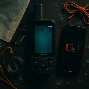 GPS device vs smartphone battery comparison showing Garmin with full charge and iPhone with low battery for hiking navigation