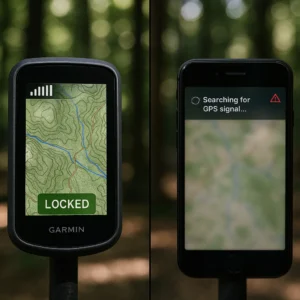 GPS vs smartphone signal acquisition comparison in dense forest showing Garmin lock vs iPhone searching