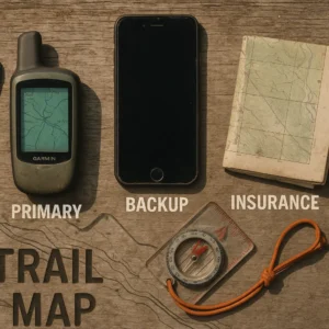 Hybrid GPS and smartphone navigation system for hiking showing dedicated GPS primary phone backup and paper map