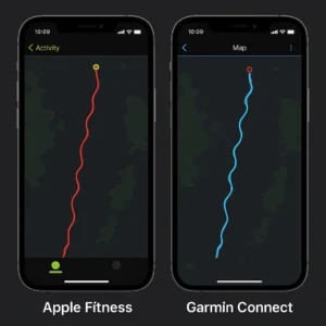 GPS accuracy comparison screenshots from Apple Fitness and Garmin Connect apps on forest trail