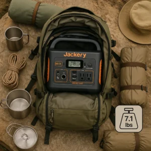 Jackery Explorer 300 fits inside 65L backpack - 7.1 lb ultraportable power station size demonstration