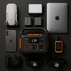 All devices powered by Jackery Explorer 300 portable power station - smartphone, laptop, drone, camera charging