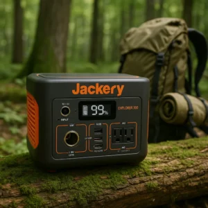 Jackery Explorer 300 portable power station showing LCD screen and output ports - Northern Michigan field testing by Outdoor Tech Lab team