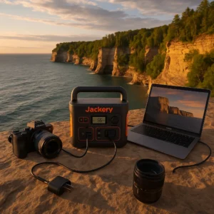 Jackery Explorer 300 charging camera and laptop at Pictured Rocks - photography power solution tested