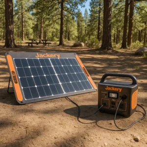 Jackery Explorer 300 solar generator setup with SolarSaga 100W panel - MPPT charging tested