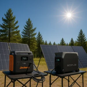 Jackery Explorer 2000 Plus and EcoFlow DELTA Pro solar charging comparison with portable solar panels