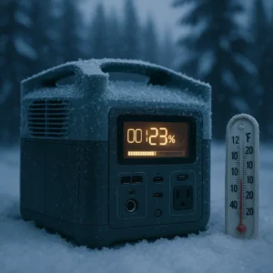 Portable power station undergoing cold weather testing in sub-20°F winter conditions