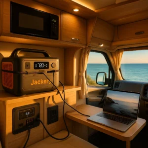 Jackery Explorer 2000 Plus portable power station installed in RV for full-time van life power backup
