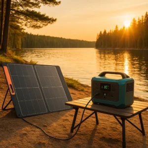 Portable power station solar charging setup at campsite during golden hour