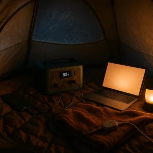 Portable power station powering devices inside winter camping tent including laptop, phone, and heated blanket