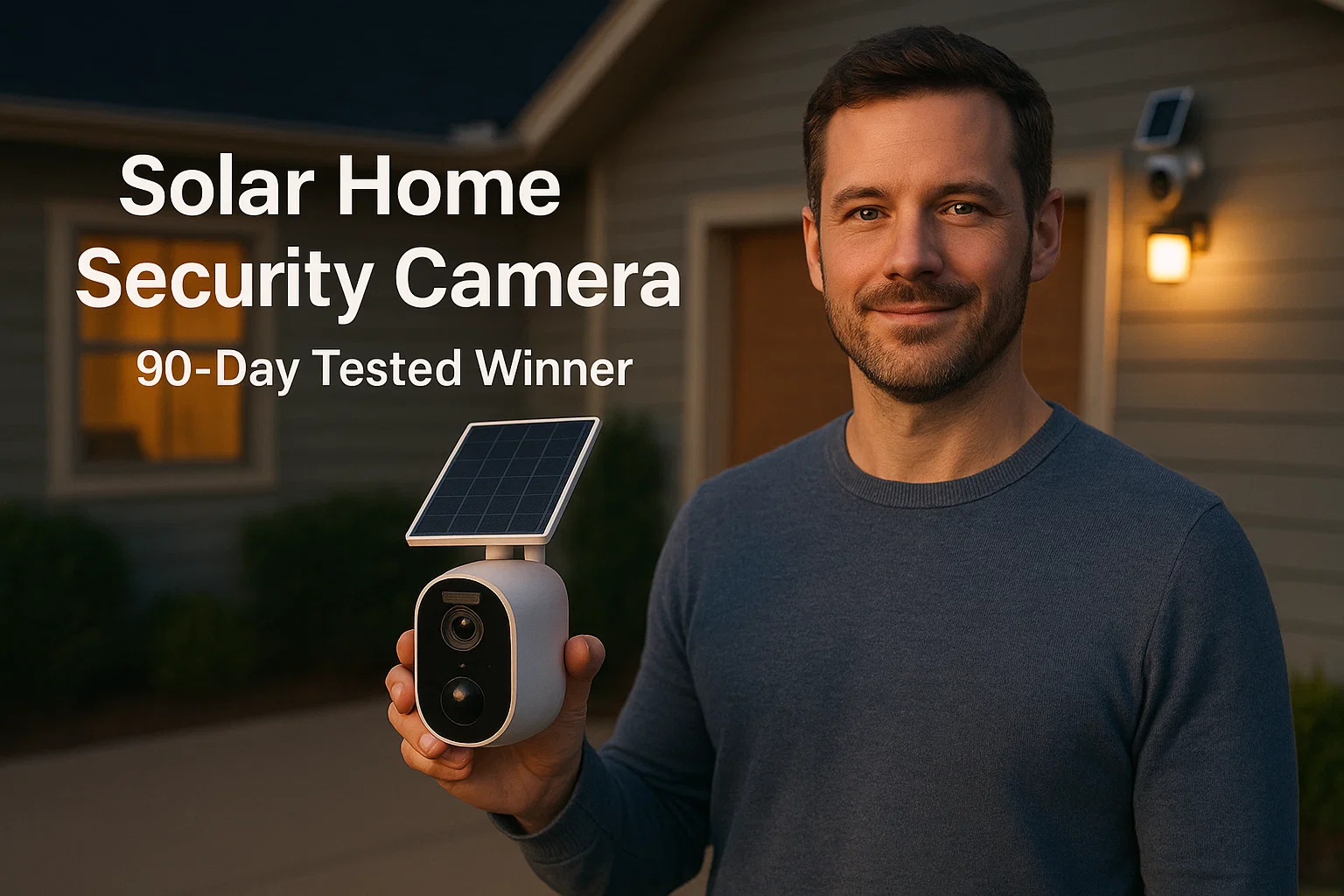 Homeowner holding tested solar security camera after 90-day comparison by the Outdoor Tech Lab team