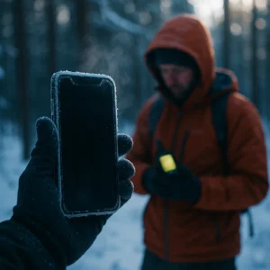 Smartphone GPS failure in cold weather hiking conditions showing frozen iPhone while Garmin GPS device continues working
