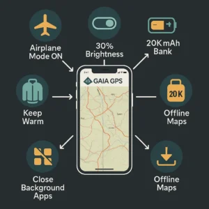 Smartphone GPS battery optimization tips for hiking including airplane mode offline maps and power bank