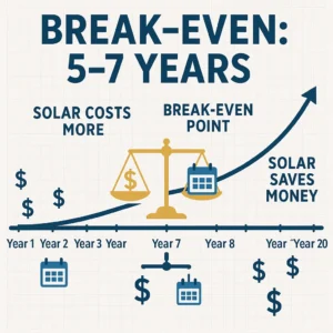 Solar generator break-even timeline showing 5-7 year payback period
