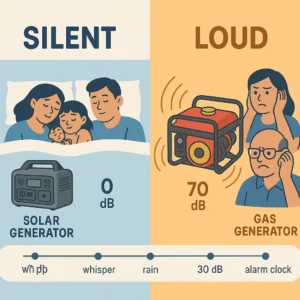 Solar generator silent 0 dB operation vs gas generator loud 70 dB noise comparison