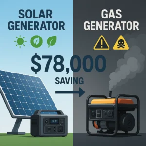 Solar generator vs gas generator cost comparison infographic showing $78,000 savings over 20 years