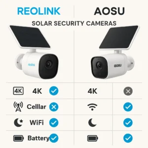 Solar security camera specifications comparison infographic: REOLINK vs AOSU features