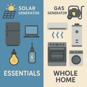 Solar generator essentials vs gas generator whole-home power capabilities comparison