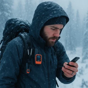 Solo winter backpacker using satellite communicator in Michigan backcountry