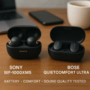 Sony WF-1000XM5 and Bose QuietComfort Ultra earbuds with charging cases compared on tech desk