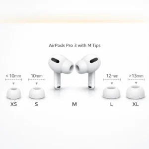Apple AirPods Pro 3 showing all 5 ear tip sizes from XS to XL for secure personalized fit