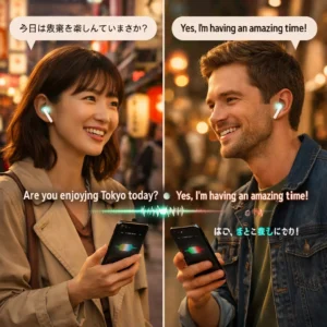 Apple AirPods Pro 3 review showing live translation feature with multiple languages displayed in real-time conversation