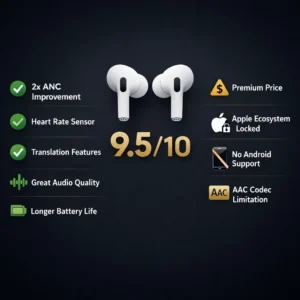 Apple AirPods Pro 3 pros and cons infographic showing 9.5/10 rating with key advantages and limitations