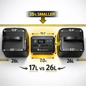 BLUETTI Elite 100 V2 size comparison showing 35% smaller footprint than competitor 1000Wh portable power stations