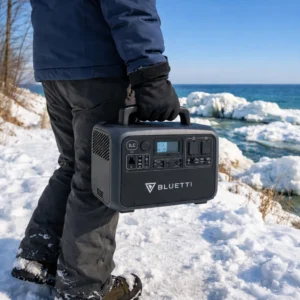 BLUETTI Elite 100 V2 review demonstrating one-handed portability with compact 17L design being carried on winter trail
