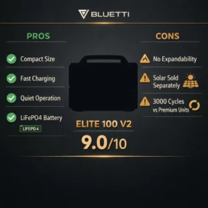 BLUETTI Elite 100 V2 review pros and cons infographic showing 9.0/10 rating with key advantages and limitations