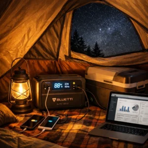 BLUETTI Elite 100 V2 review camping scenario powering laptop, LED lights, phones and cooler for 48-hour remote work session
