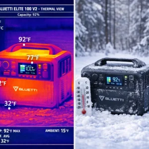 BLUETTI Elite 100 V2 cold weather test at 15°F showing 95% capacity retention with LiFePO4 battery performance by the Outdoor Tech Lab team