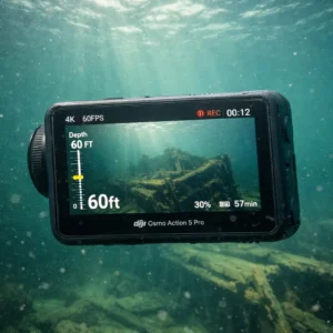 GoPro vs DJI action camera waterproof testing: DJI Osmo Action 5 Pro filming at 60 feet in Lake Michigan demonstrating 20m waterproof advantage over GoPro