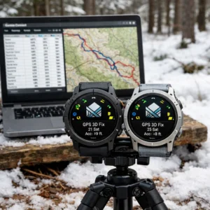 Field testing setup for Garmin Fenix 8 vs Enduro 3 90-day battery test showing GPS tracking and data logging equipment