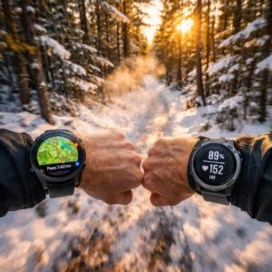 Hero shot of Garmin Fenix 8 vs Enduro 3 on trail runner's wrists during Northern Michigan winter trail run showing active displays