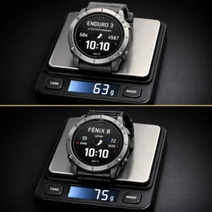 Weight comparison showing Garmin Enduro 3 at 63 grams versus Fenix 8 at 75 grams on precision scale for Outdoor Tech Lab testing