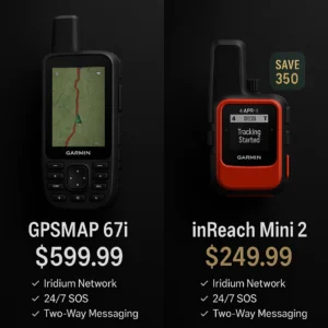 Price comparison showing Garmin inReach Mini 2 at $249.99 versus GPSMAP 67i at $599.99 with identical satellite features