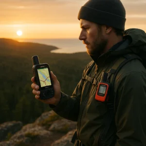 Hiker using Garmin GPSMAP 67i handheld GPS for backcountry navigation in Northern Michigan wilderness for Outdoor Tech Lab test