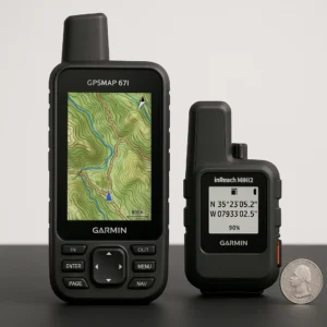 Garmin GPSMAP 67i 3-inch color screen compared to inReach Mini 2 1.27-inch monochrome display showing navigation interface