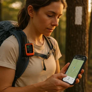 Garmin inReach Mini 2 clipped to backpack for thru-hiking on Appalachian Trail showing ultralight satellite communication