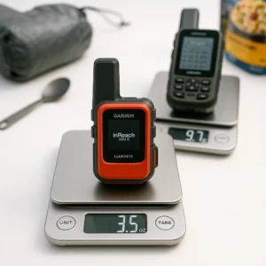 Garmin inReach Mini 2 weighs 3.5 oz on scale versus GPSMAP 67i at 9.7 oz for ultralight backpacking