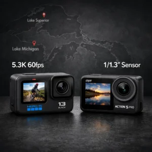 GoPro vs DJI action camera side-by-side physical comparison showing GoPro Hero 13 Black and DJI Osmo Action 5 Pro size, screens, and build quality differences