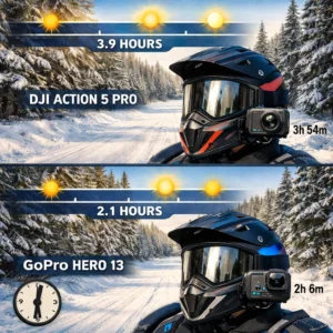 GoPro vs DJI action camera battery life comparison showing DJI Action 5 Pro's 4-hour runtime vs GoPro Hero 13's 2-hour battery in field testing