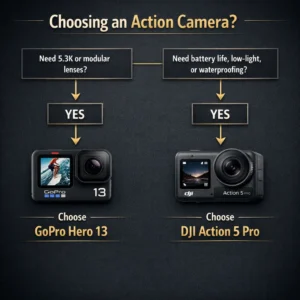 GoPro vs DJI action camera decision flowchart: Choose GoPro Hero 13 for resolution/modular lenses or DJI Action 5 Pro for battery/waterproofing/low-light