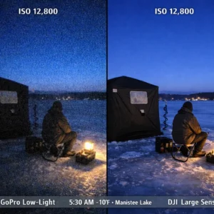 GoPro vs DJI action camera low-light performance comparison showing DJI's larger sensor advantage over GoPro in dawn ice fishing conditions