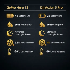 GoPro vs DJI action camera specifications comparison infographic showing battery life, waterproof depth, sensor size, resolution, and temperature ratings differences